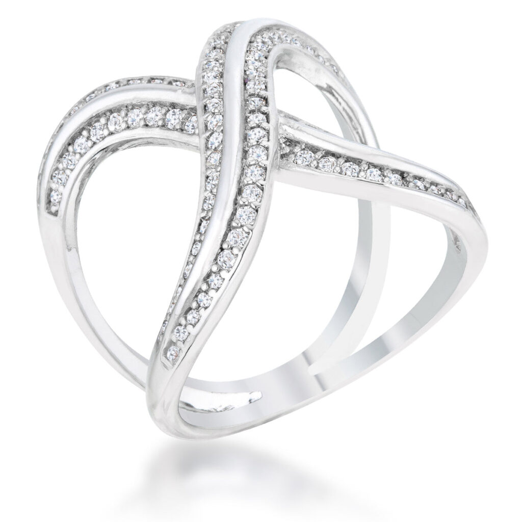 X-shape ring with rows of small round cubic zirconia stones set in a pave setting, rhodium plated finish