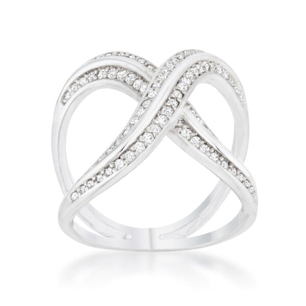 Side angle of the rhodium plated ring showing the band width and stone placement along the X shape