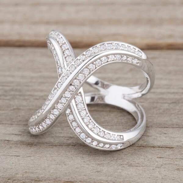 Ring displayed alone against a plain background, showing its overall rhodium plated finish