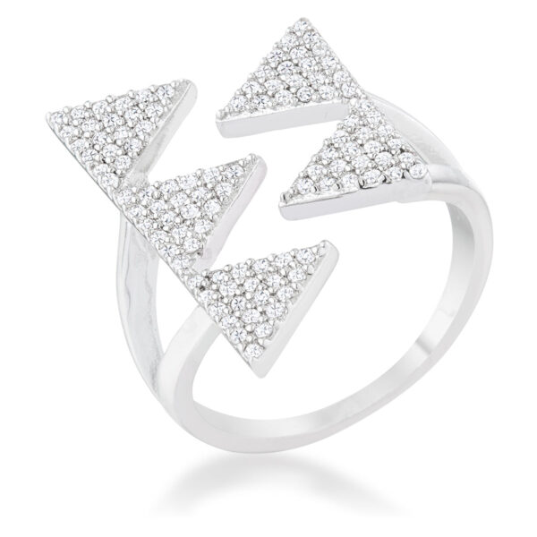 Rhodium plated geometric ring with pave-set round cubic zirconia stones, front view