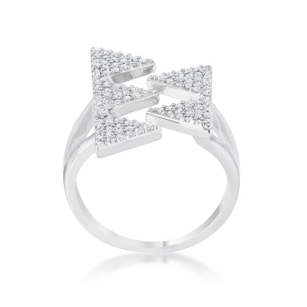 Close-up of pave-set cubic zirconia stones on a rhodium plated ring band
