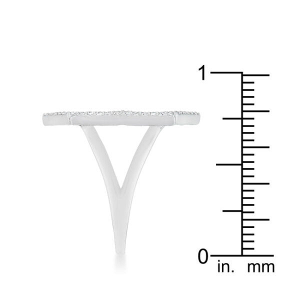 Rhodium plated ring displayed at an angle showing stone placement across the design