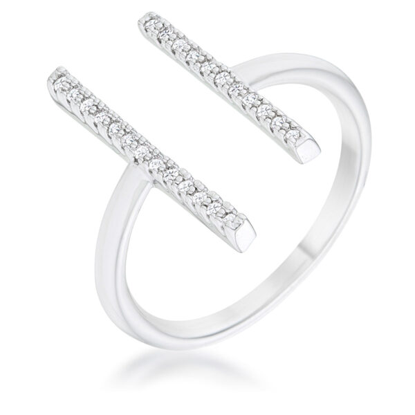 Rhodium plated ring with rows of small clear cubic zirconia stones set in a parallel band