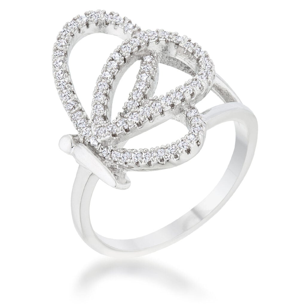 Rhodium plated butterfly ring with pave-set round cubic zirconia stones covering the top surface