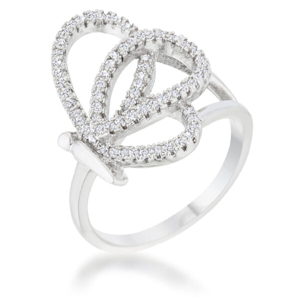 Rhodium plated butterfly ring with pave-set round cubic zirconia stones covering the top surface