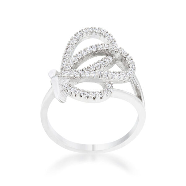Side angle of the rhodium plated butterfly ring showing the band width and profile