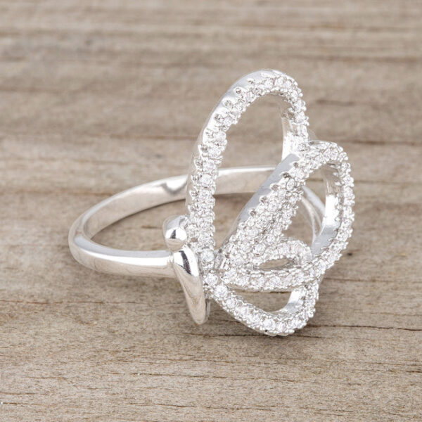Rhodium plated butterfly ring displayed to show its full top-down outline