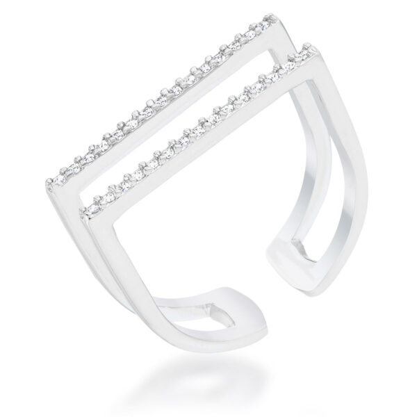 Rhodium plated ring with a row of pave-set round cubic zirconia stones along a parallel band