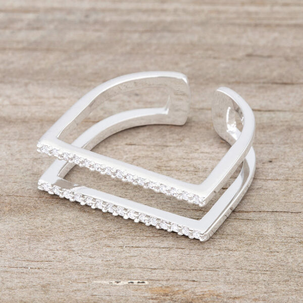 Rhodium plated ring displayed upright to show the full circumference of the band