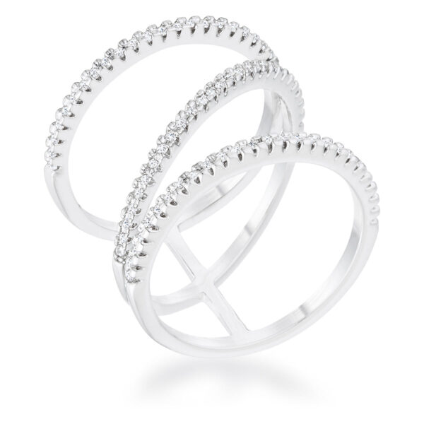 Wide rhodium plated band densely set with small round clear cubic zirconia stones in a pave setting