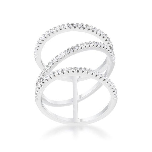 Close angled view of the wide band showing the rhodium plated surface and pave-set stones