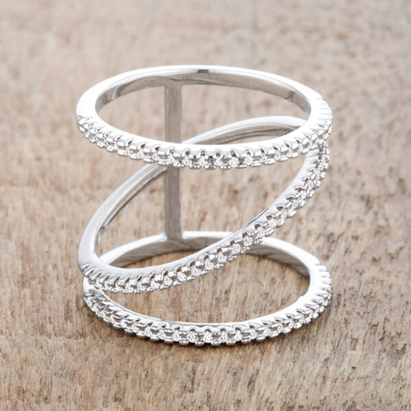 Detail view of the ring's rhodium plated finish and clear cubic zirconia stones up close