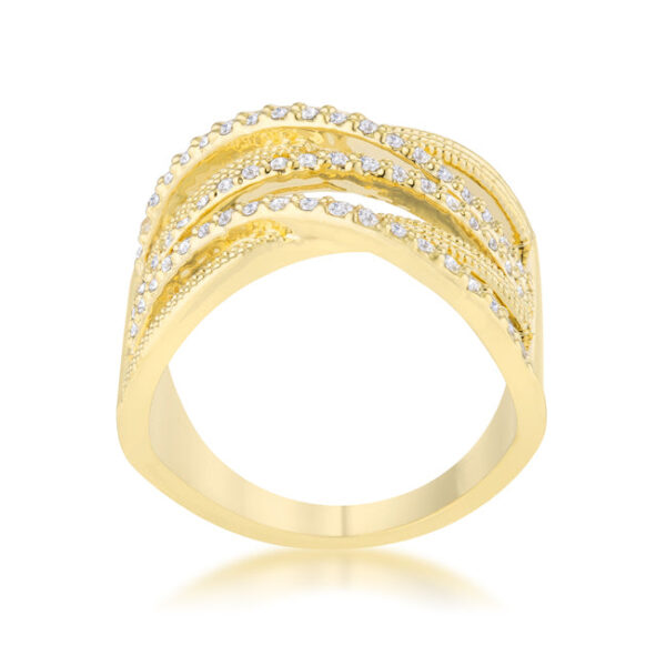 Side angle of the wide goldtone ring showing the cable texture along the band
