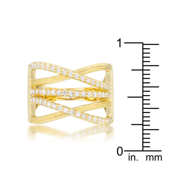 Close-up of round cubic zirconia stones set in pave style on the goldtone ring