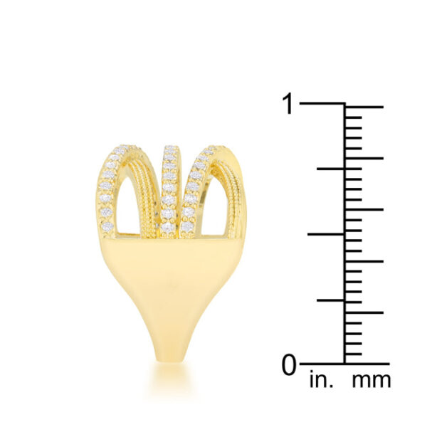 Goldtone cocktail ring photographed at an angle to show the curve of the wide band