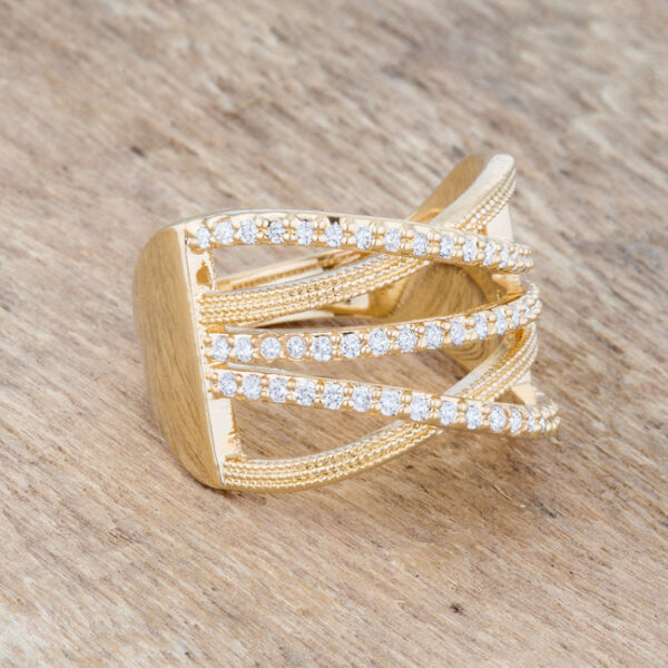 Goldtone cocktail ring standing upright showing the full circumference of the band