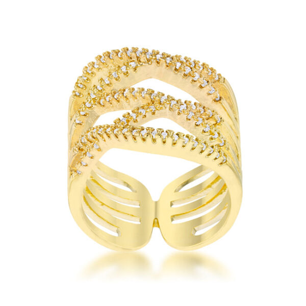 Side angle of the wide goldtone ring showing the band's width and stone coverage