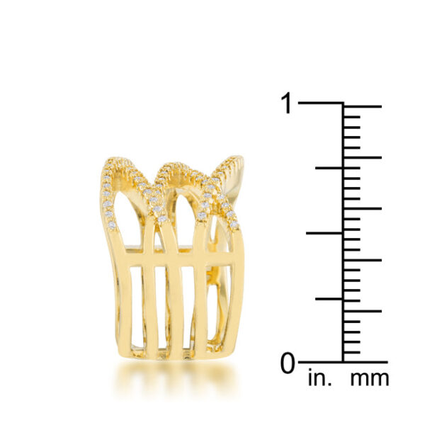 Goldtone ring shown at an angle displaying the plated surface and stone placement