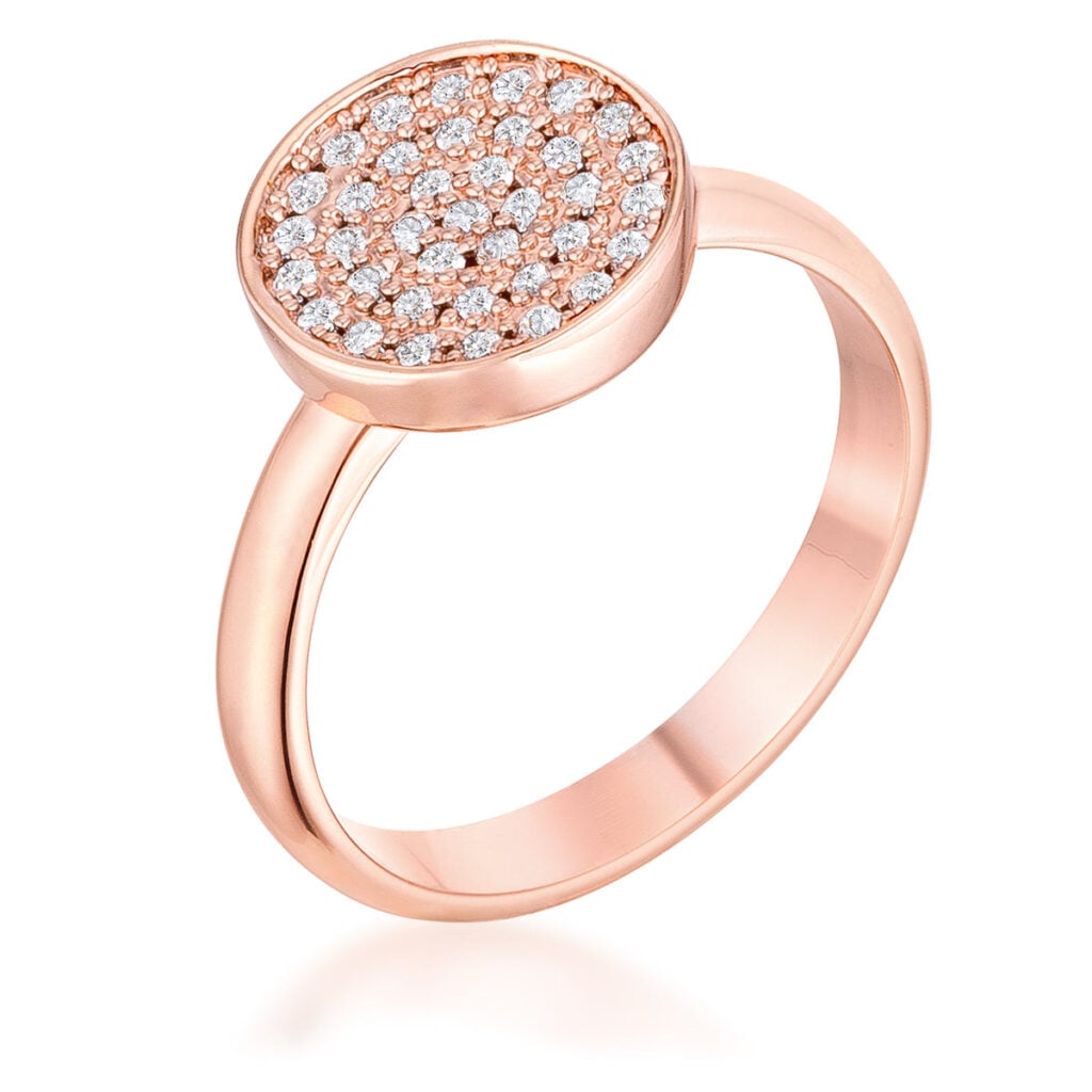 Rose gold plated circle ring with round pave-set cubic zirconia stones, shown from the front
