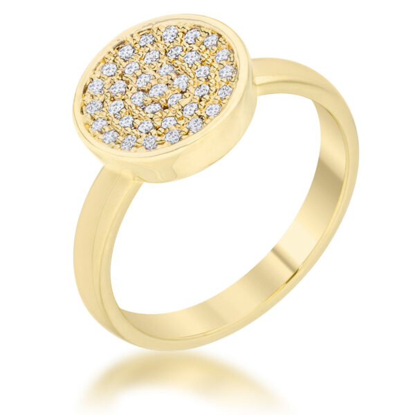 Goldtone plated circle ring with round cubic zirconia set in a pave setting, front view