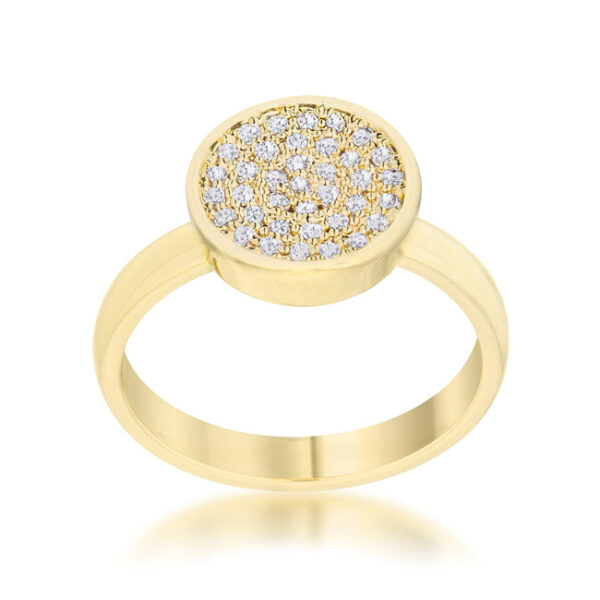 Side angle of the goldtone plated pave circle ring showing the 3mm band width