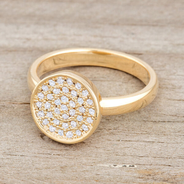 Goldtone plated pave circle ring shown standing upright against a plain background