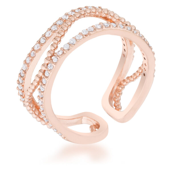 Rosegold plated abstract cuff ring with pave-set round cubic zirconia stones across the band