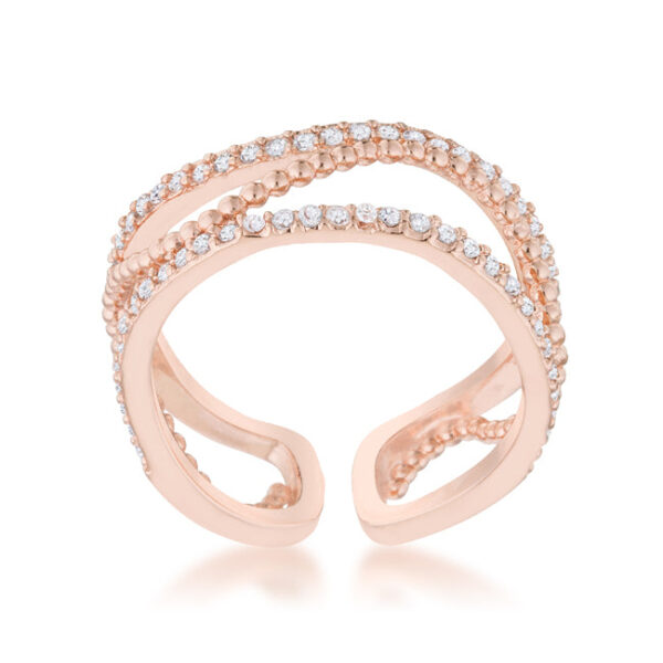 Side angle of the rosegold plated cuff ring showing the wrapped band shape