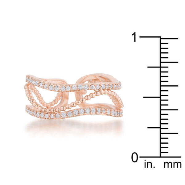 Close-up of pave-set cubic zirconia stones on the rosegold plated cuff ring