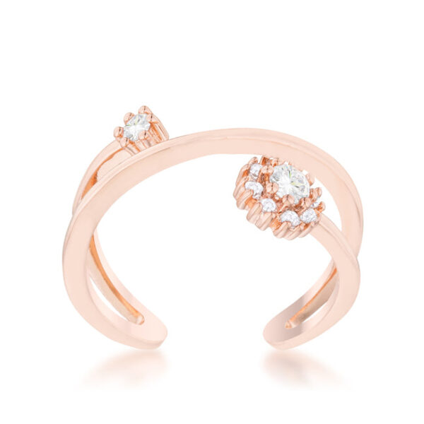 Close side view of the rose goldtone ring showing the width of the band