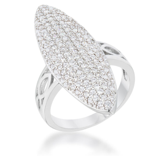 Rhodium plated cocktail ring with pave-set round cubic zirconia stones covering the top surface