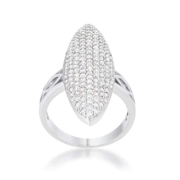 Side angle of the rhodium plated ring showing the band width and stone placement