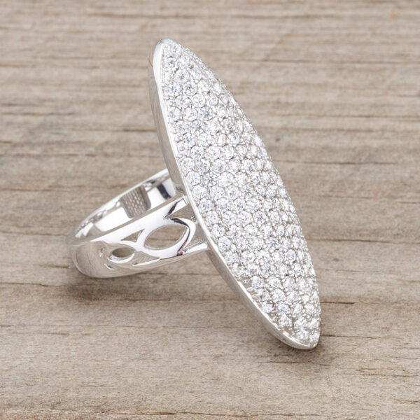 Ring displayed at an angle showing the rhodium plated finish and overall shape
