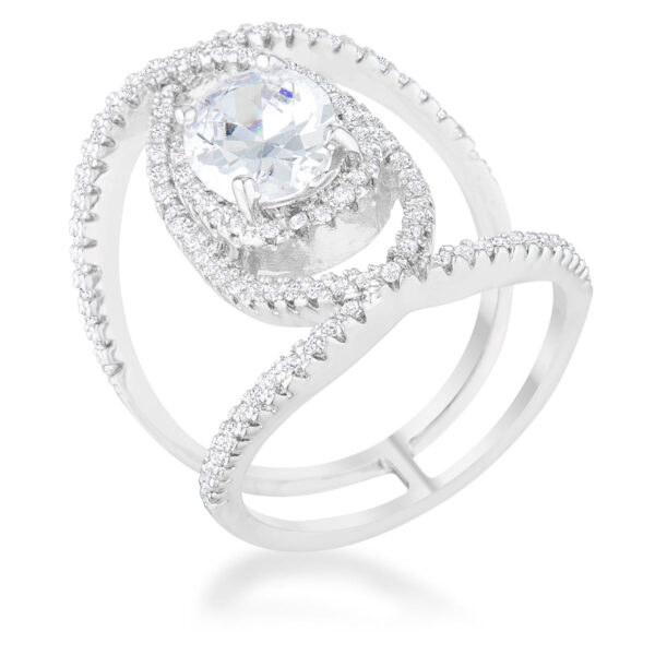 Rhodium cocktail ring covered in small round cubic zirconia stones set closely in a pave pattern