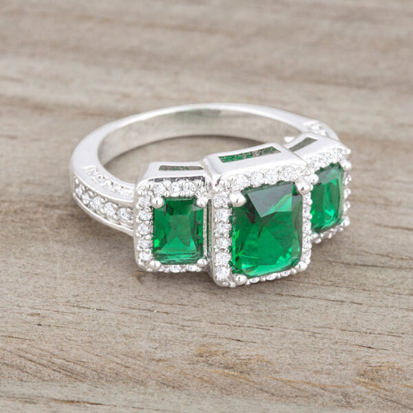 Angled view of the ring showing the curve of the band and the rhodium plated finish