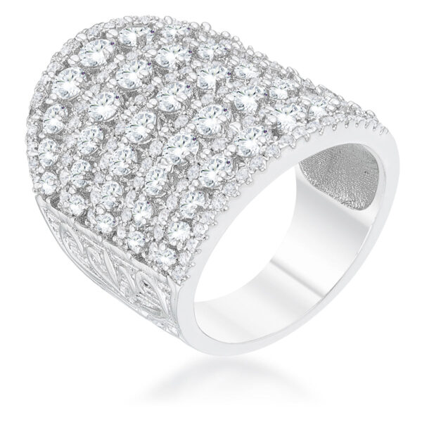 Rhodium plated cocktail ring with pave-set round CZ stones on a wide band, front view