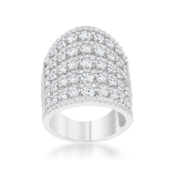 Cocktail ring shown at an angle highlighting the rhodium plated band and pave stone setting