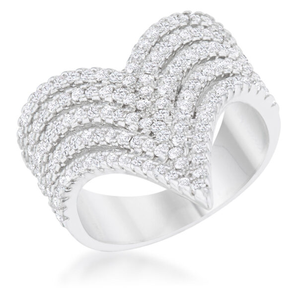 Rhodium plated cocktail ring with pave-set round pink cubic zirconia stones covering the band