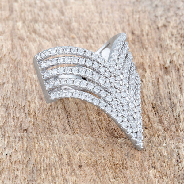 Cocktail ring displayed to show its rhodium plated finish and overall proportions