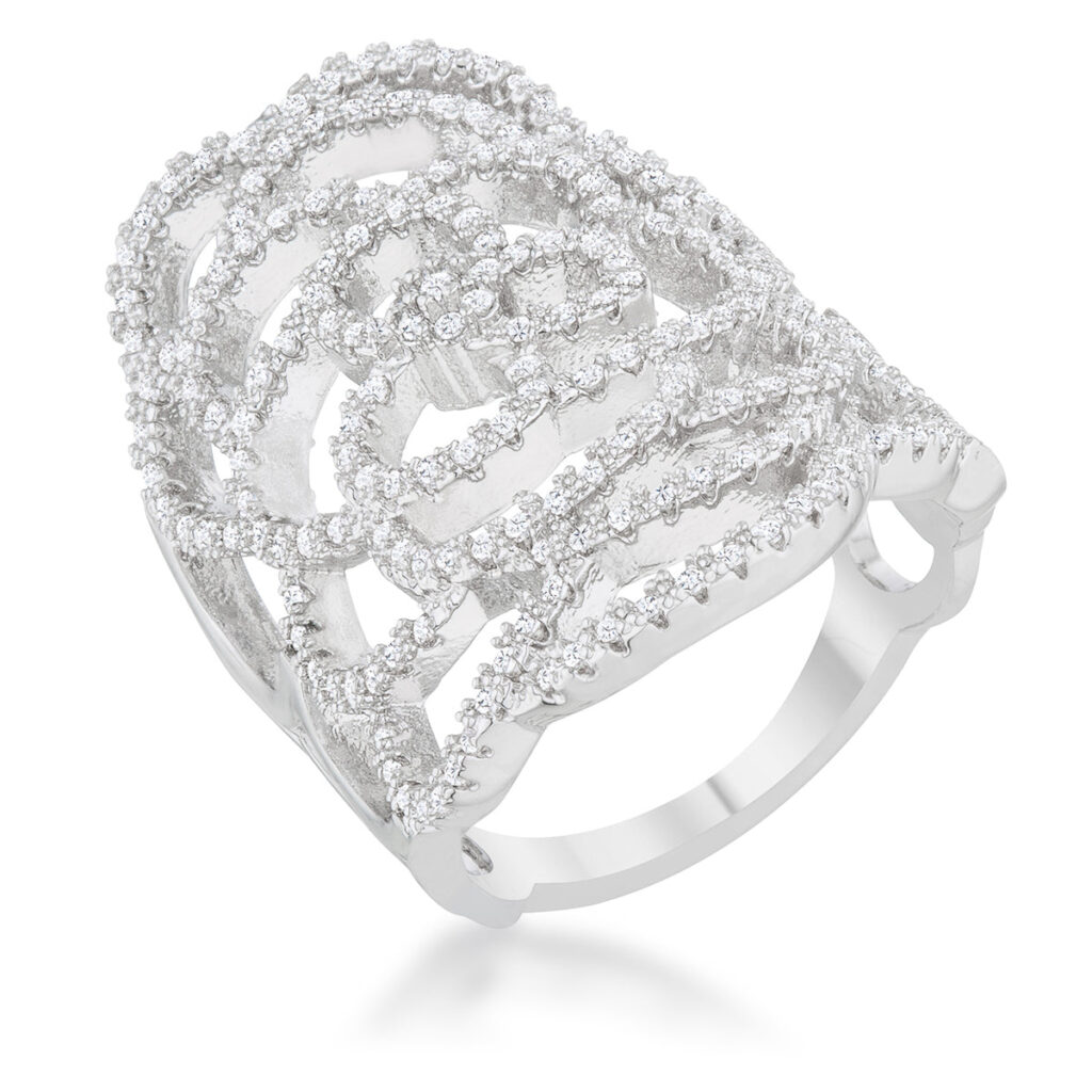 Rhodium plated cocktail ring with pave-set round cubic zirconia stones in a filigree design
