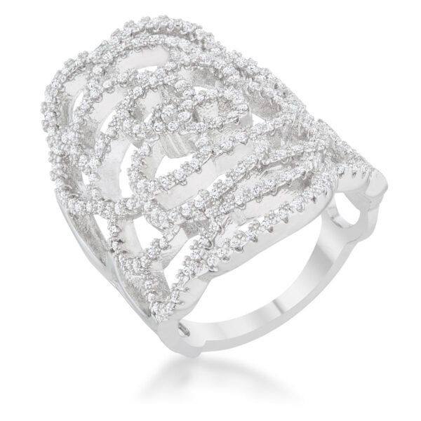 Rhodium plated cocktail ring with pave-set round cubic zirconia stones in a filigree design