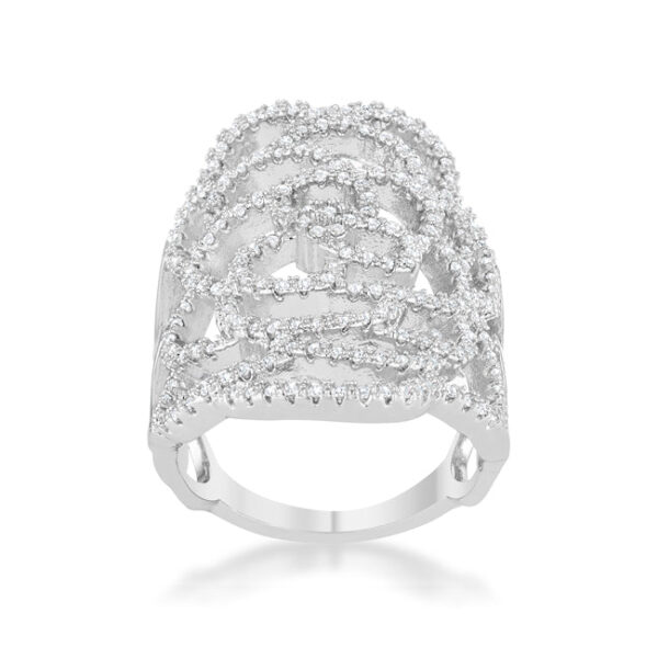 Side angle of the rhodium plated ring showing the band width and filigree detailing