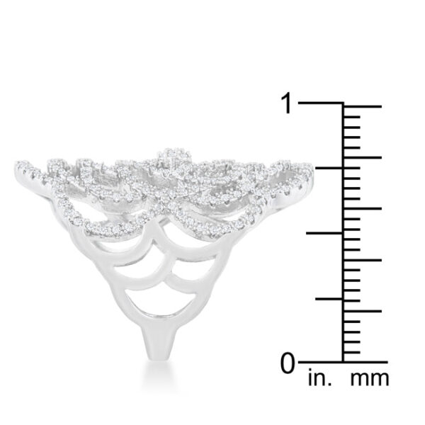 Rhodium plated ring shown at an angle to display the antique-style filigree pattern