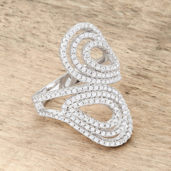 Rhodium plated pave ring displayed to show the complete circular design