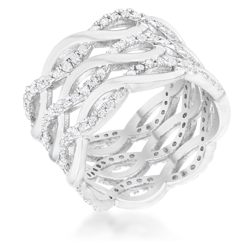Wide rhodium plated cocktail ring with twisted rows of pave-set cubic zirconia stones