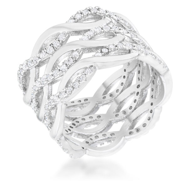 Wide rhodium plated cocktail ring with twisted rows of pave-set cubic zirconia stones