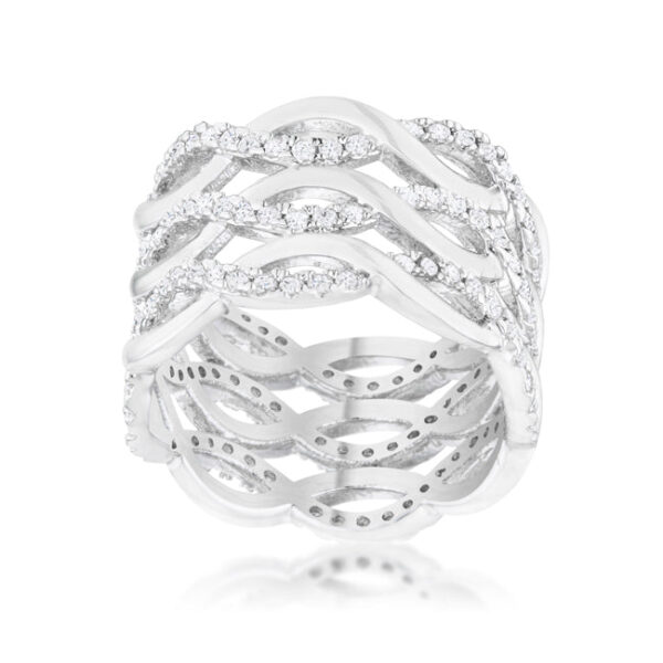 Side angle of the rhodium plated cocktail ring showing the height and twist of the band