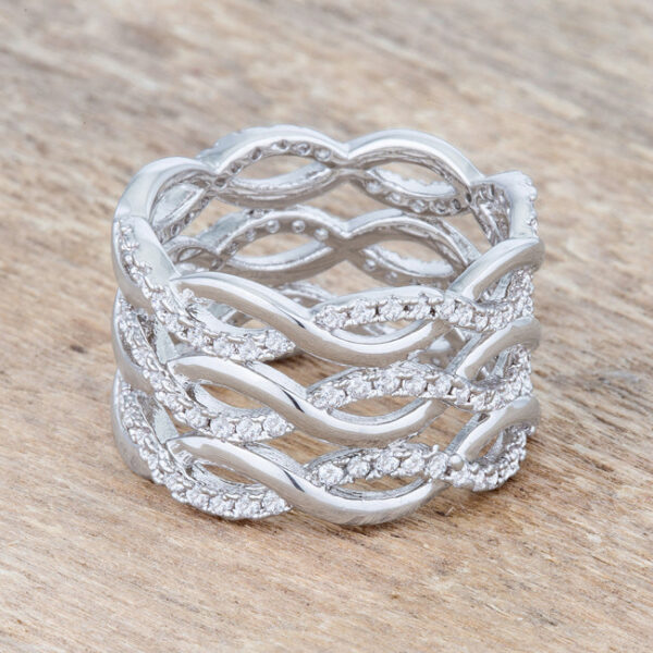 Rhodium plated cocktail ring photographed to show its bright white plated finish