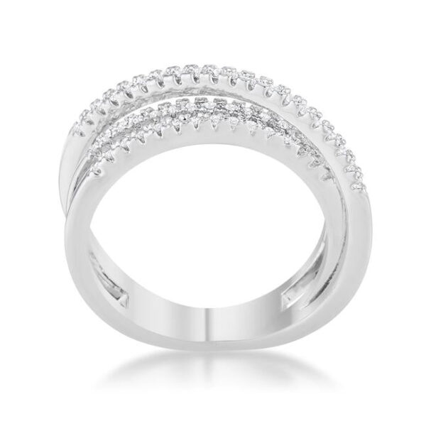 Close-up of the pave-set cubic zirconia stones along the trio band ring