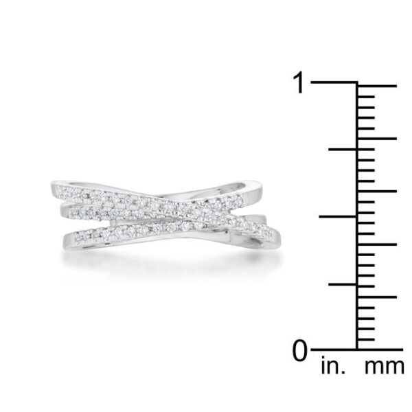 Side angle of the rhodium plated trio band ring showing the width of the three bands